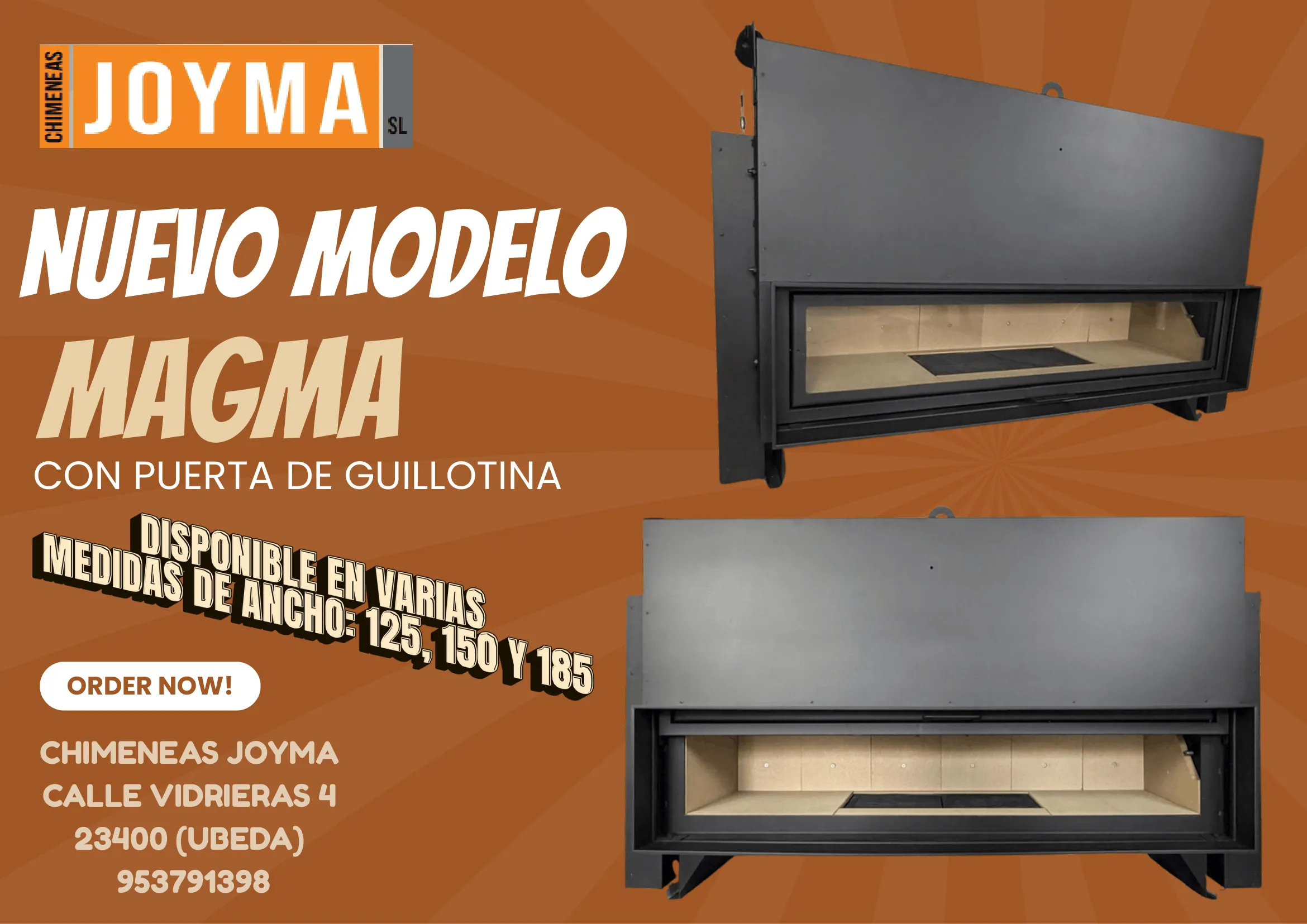 Nuevo modelo Magma de Chimeneas Joyma, chimenea con puerta de guillotina disponible en varios anchos